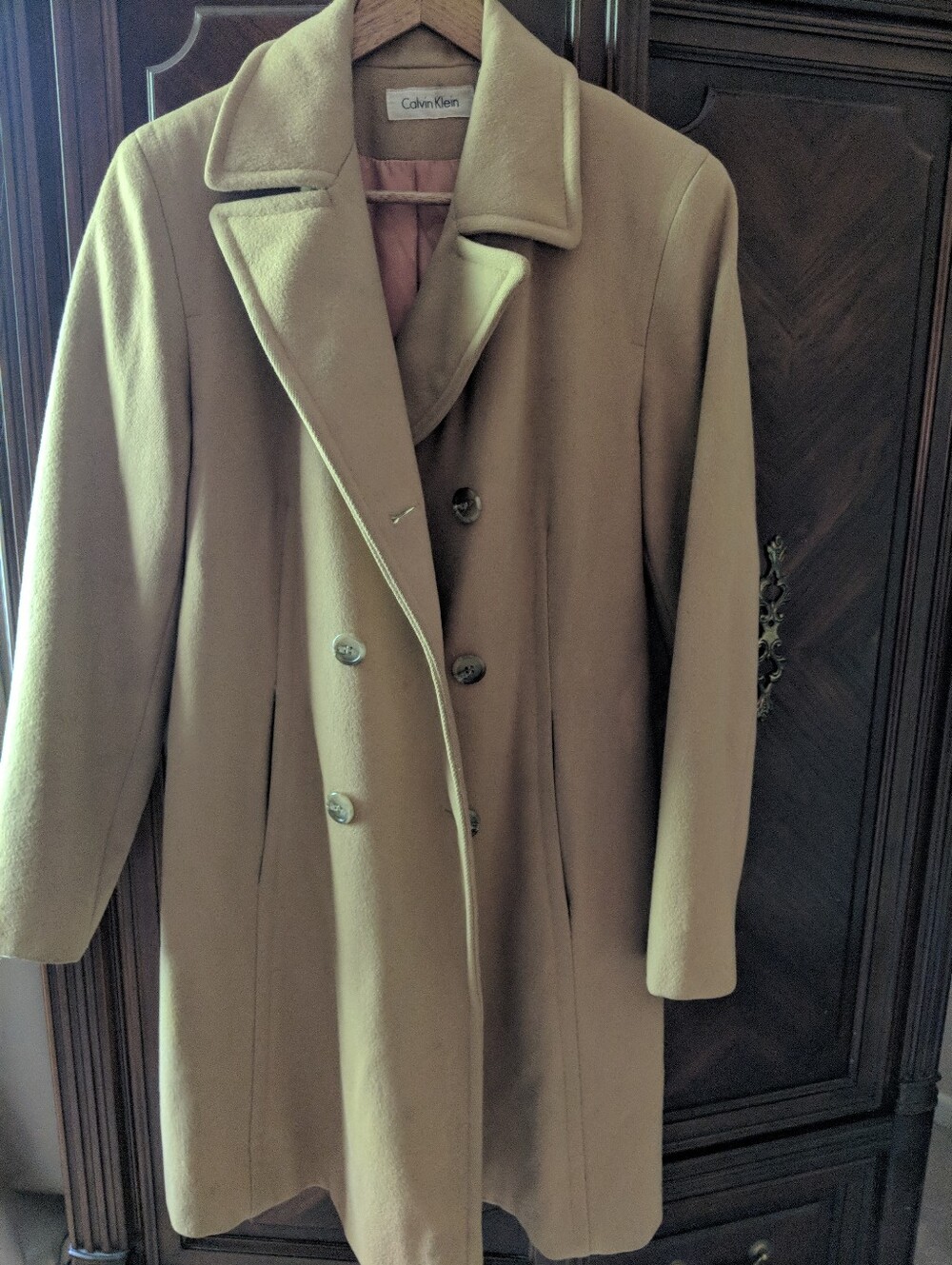 Calvin Klein Camel Wool Blend Double-Breasted Coat
